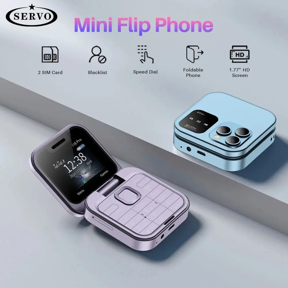 SERVO I16 Pro Mini Fold Mobile Phone — Dual SIM 2G GSM Flip Cellphone with Speed Dial, FM, 3.5mm Jack & Video Player