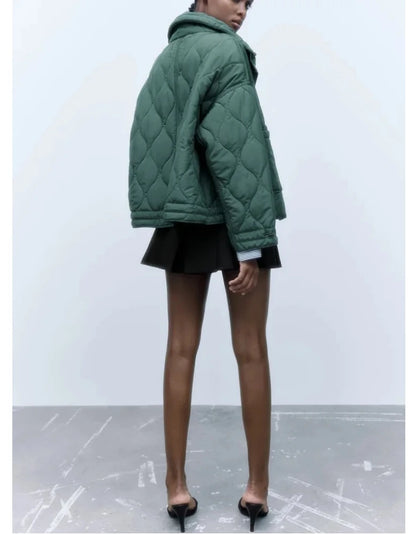 2024 ETJ Quilted Women's Coat – Beige Drawstring High Neck Jacket with Ties & Pockets