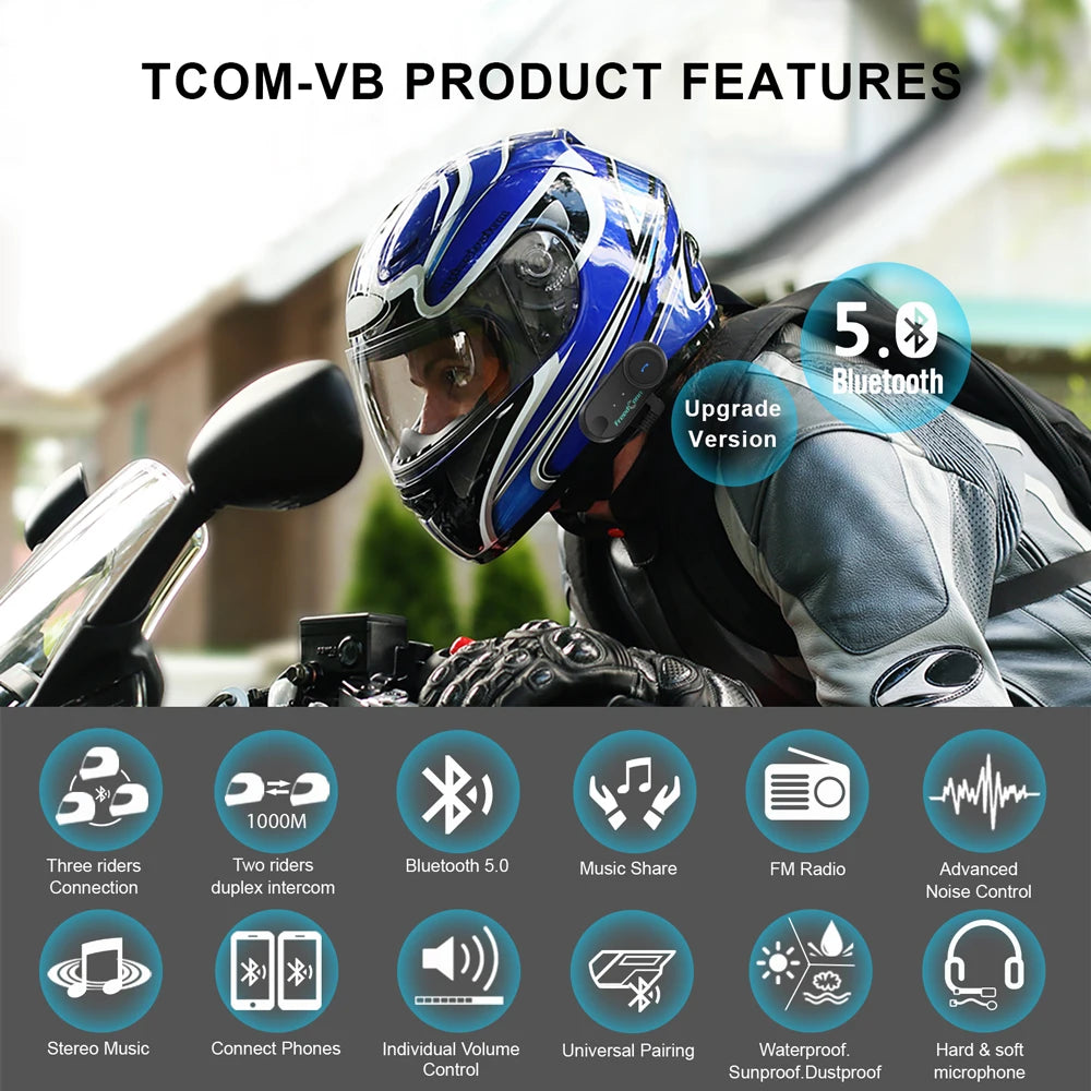 Freedconn T Com VB Motorcycle Helmet Bluetooth Headset — Wireless Stereo Intercom with Call, FM Music & Communication Sharing