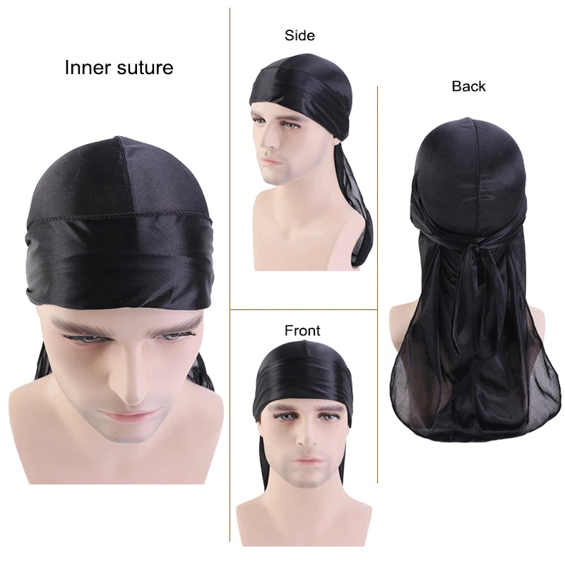 Unisex Silky Long Tail Durag Pirate Hat – Fashion Headwrap, Turban, Bandana, Cap for Women & Men, Hijab Hair Accessories