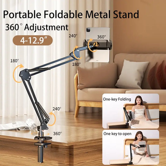 Rotatable Tablet & Phone Stand: Long Arm Metal Holder, 180° Adjustable for iPad Pro, Xiaomi Tablet | Compatible 4-12.9 inches