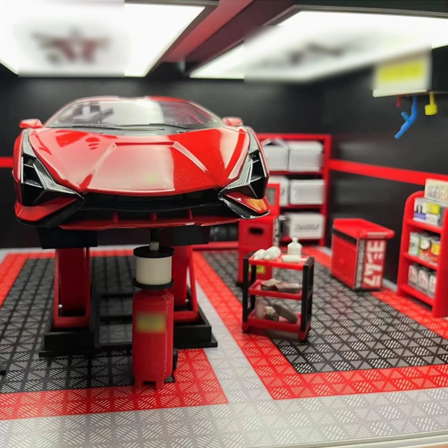 1:18 Car Model Repair Shop Diorama – 9-Piece Modification Parts Set for Collectors & Hobbyists with DIY Tools