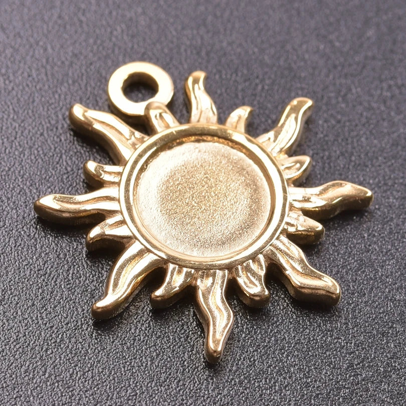 6pcs Real Gold-Plated Sun Charms - Stainless Steel Jewelry Making Pendants, Heart, Moon & Sunshine Design
