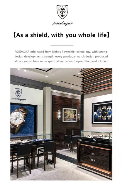 POEDAGAR Men's Luxury Sports Watch – Genuine Leather, Chronograph, Waterproof, Luminous Quartz Wristwatch