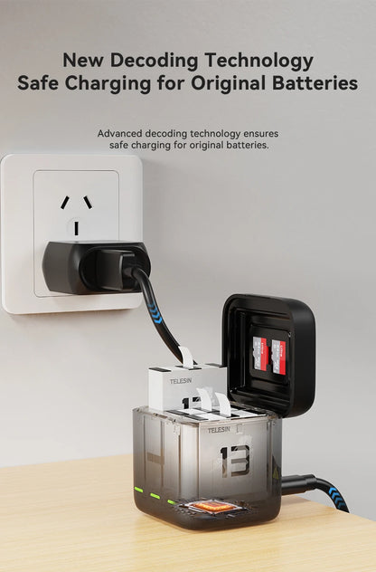 TELESIN 3-Slot Fast Battery Charger for GoPro Hero 13 – Portable Charging Dock for Action Camera Accessories