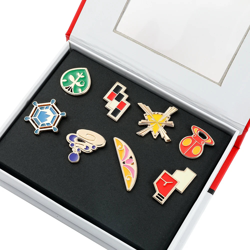 Pokémon Gym Badges Collection Box Set – Pins & Brooches from Kanto, Johto, Hoenn, Sinnoh, Unova, Kalos & Orange Islands Regions