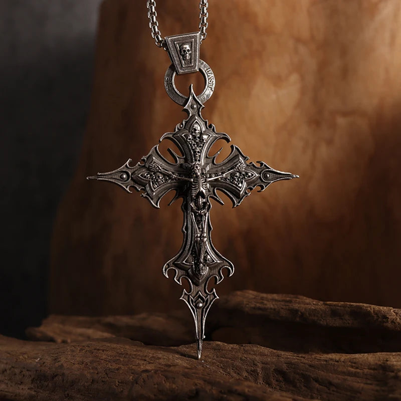 Gothic Crucifixion Skull Cross Pendant Necklace – Catholic Prayer Jewelry for Men & Women, Punk Trendy Accessory