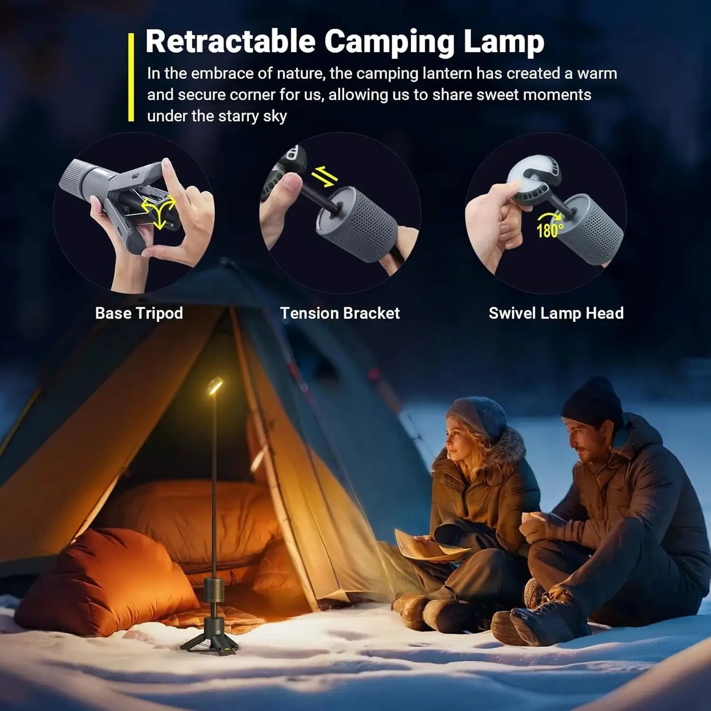 LED Outdoor Camping Lantern - USB Rechargeable, Adjustable Color Temperature, Portable, IP65 Waterproof, Retractable