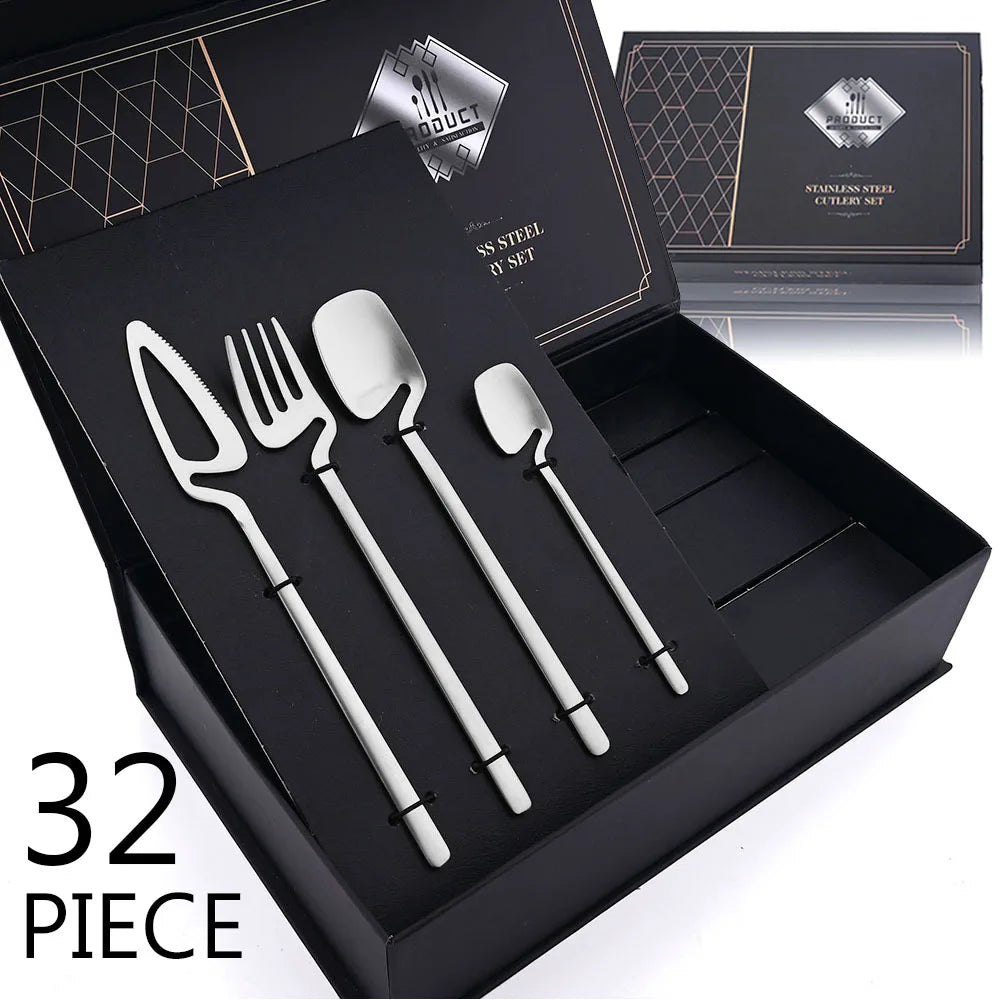 32-Piece Black Matte Stainless Steel Cutlery Set – Knife, Fork, Spoon Dinnerware for Bar, Party & Kitchen