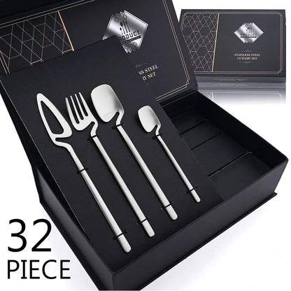32-Piece Black Matte Stainless Steel Cutlery Set – Knife, Fork, Spoon Dinnerware for Bar, Party & Kitchen