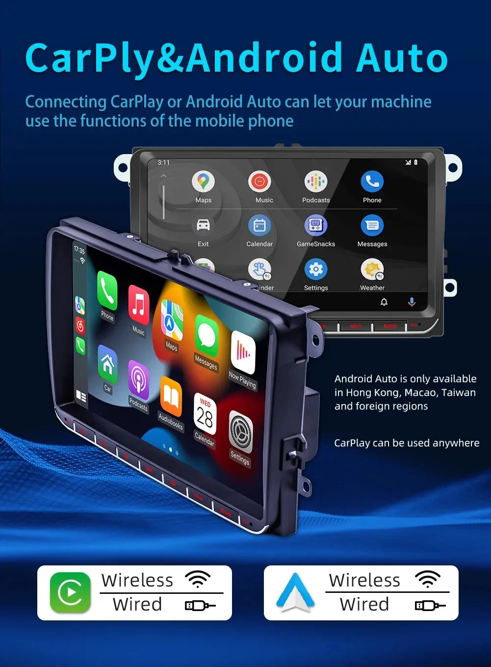 2DIN Android Car Radio for Volkswagen Golf 5/6, Polo, Passat B6/B7, CC, Skoda, Jetta - Multimedia, CarPlay, Wifi & GPS Navigation