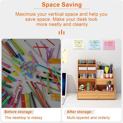 Wooden Desk Organizer DIY, Large Capacity Pen Holder with Drawer, Desktop Tidy and Stationery Storage Box for Home, Office, and School