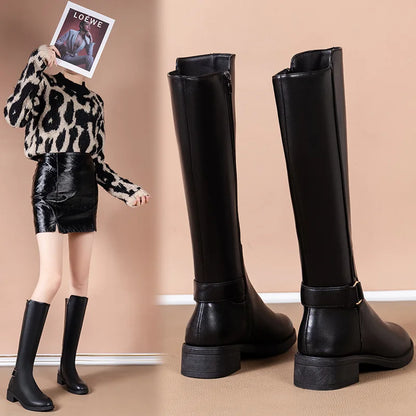 Women’s Black PU Leather Knee-High Boots – Metal Buckle, Fashion Outdoor Long Shoes, Size 34-41
