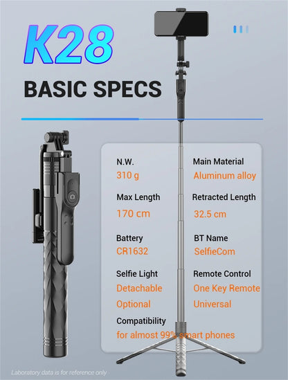 FANGTUOSI 1750mm Wireless Selfie Stick Tripod – Foldable Monopod with LED Light for Smartphones, Steady Live Shooting