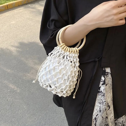Handmade Woven Straw Handbag – Elegant Bucket Tote Wrist Pack for Women, Travel & Leisure