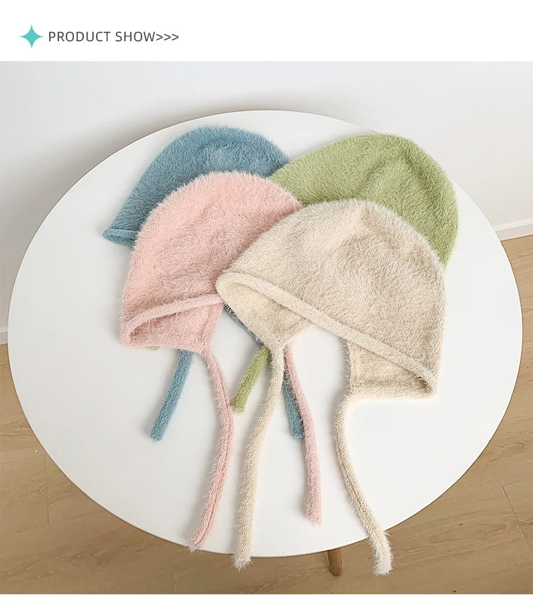 Y2K Cute Beanie Hat – Warm Japanese Knit for Autumn & Winter, Ear Protection, Tie Pullover Cap for Men & Women