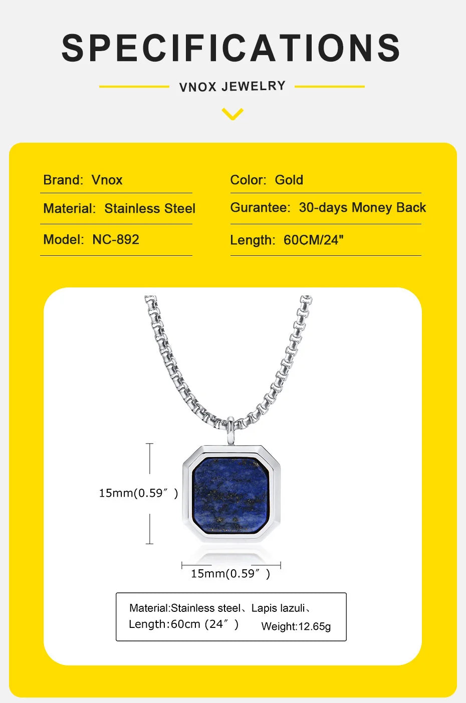 Vnox Stylish Men's Square Natural Stone Necklace - Stainless Steel Geometric Polygon Pendant, Casual Punk Jewelry Gift