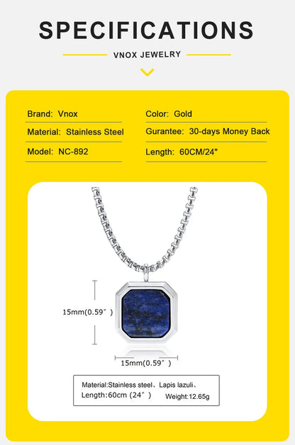 Vnox Stylish Men's Square Natural Stone Necklace - Stainless Steel Geometric Polygon Pendant, Casual Punk Jewelry Gift