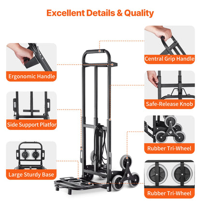 VEVOR 460 lbs Stair Climbing Folding Hand Truck – 6-Wheel Dolly with Handle & Elastic Ropes for Shopping, Moving, Warehouse