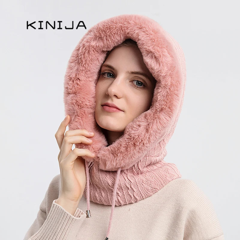 Winter Fur Cap Mask Set – Hooded Knitted Cashmere Neck Warmer, Plush Windproof Balaclava Ski Beanie for Women