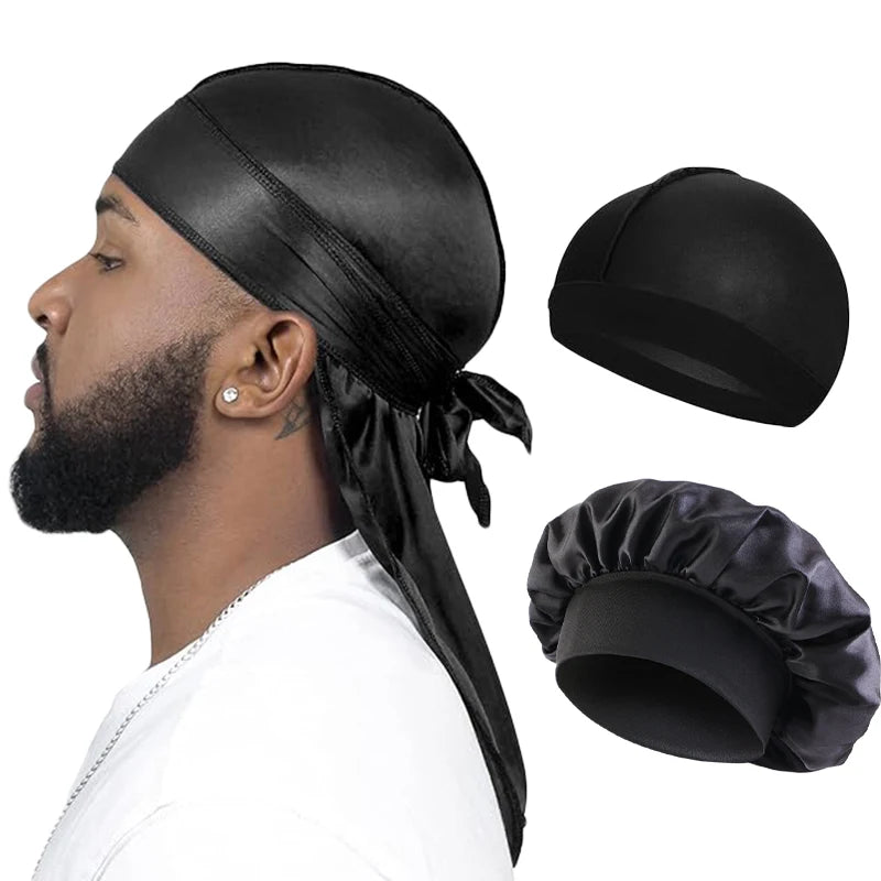 Men’s Silky Durag with Long Tail - Pirate Hat, Headband, Turban, Wave Cap, Unisex Satin Wig Cap with Elastic Band