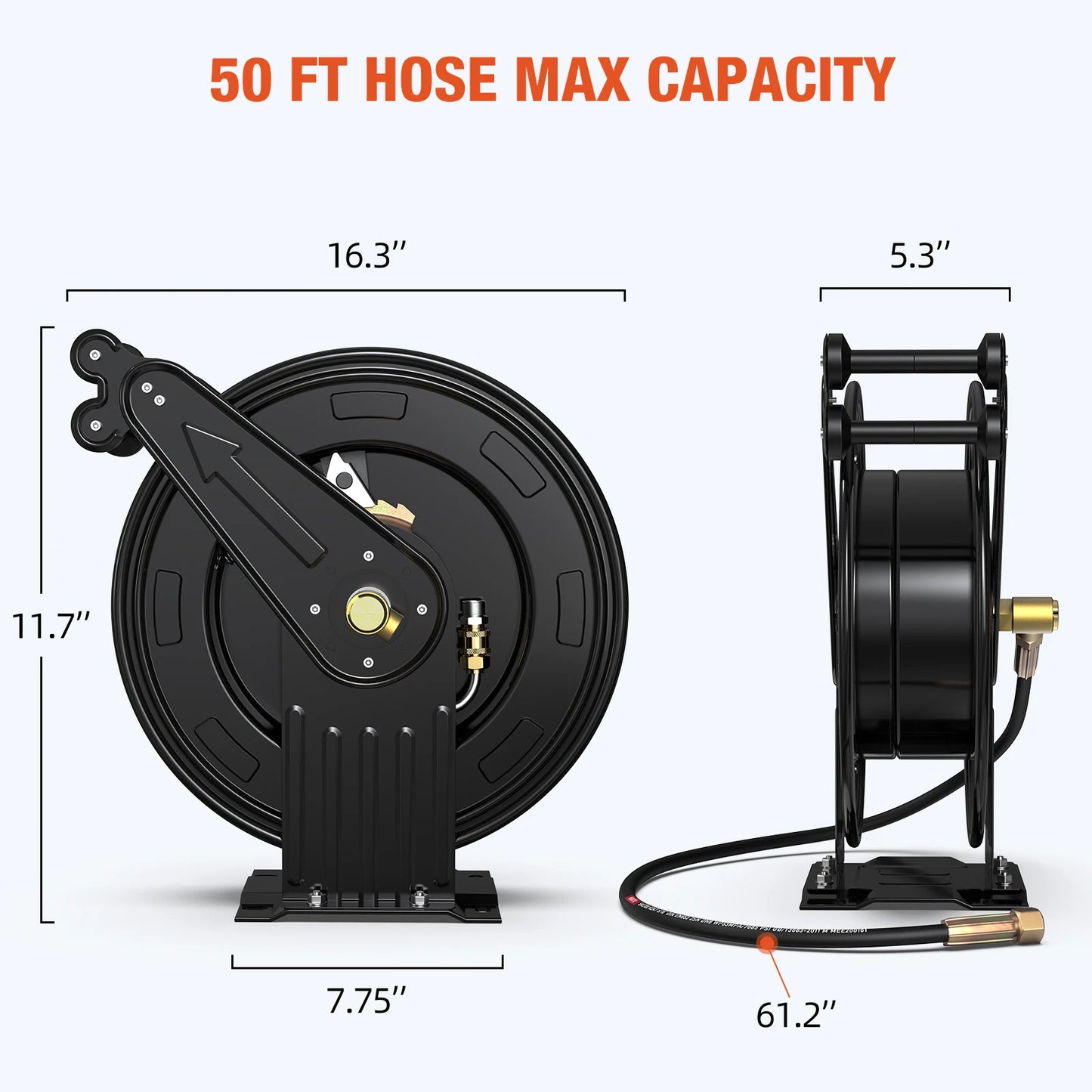 50FT Auto-Retractable Pressure Washer Hose Reel – Heavy Duty 300 PSI Steel Dual Arm Hose for Power Washers