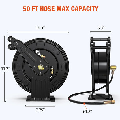 50FT Auto-Retractable Pressure Washer Hose Reel – Heavy Duty 300 PSI Steel Dual Arm Hose for Power Washers