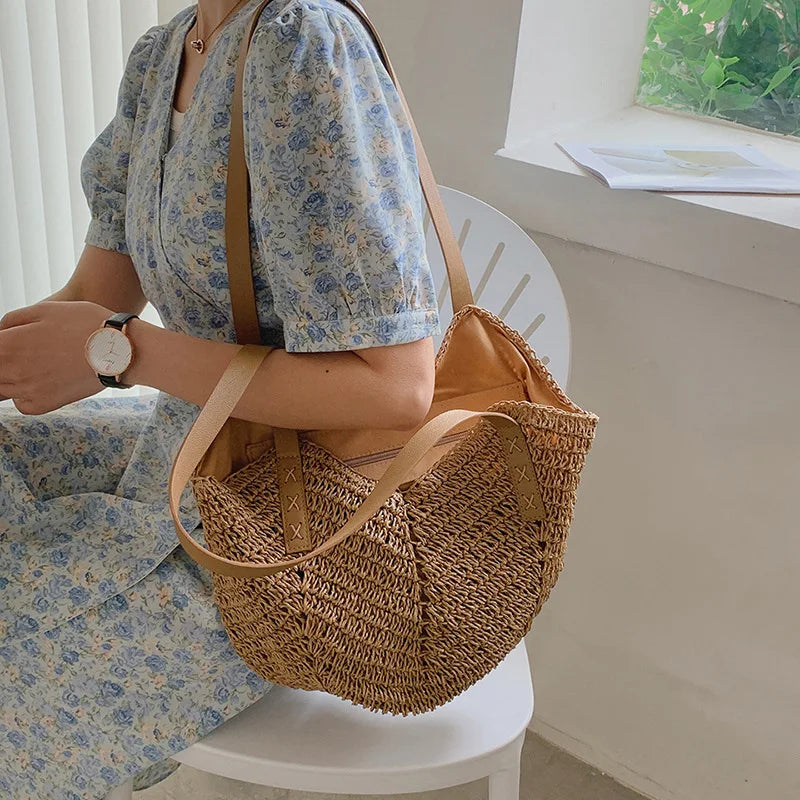 Handmade Woven Straw Beach Bag – Large Capacity Women’s Raffia Shoulder Tote for Summer Travel