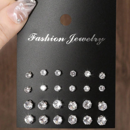 12 Pairs Luxury Zirconia Earrings – Elegant Shiny Stud Set for Parties, Gifts, and Couples