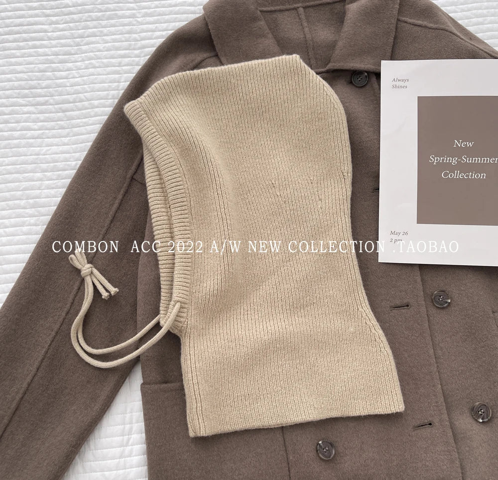 Winter Knitted Hooded Balaclava Hats for Women – Korean Style Outdoor Warmer Beanie with Drawstring Neck Collar