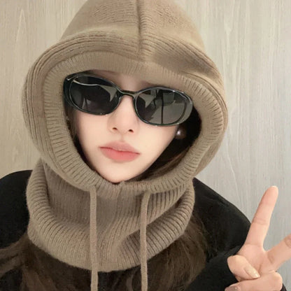 Knitted Hooded Balaclava Caps – Winter Korean Style Outdoor Warmer, One-Piece Neck Collar Beanie Hat for Women