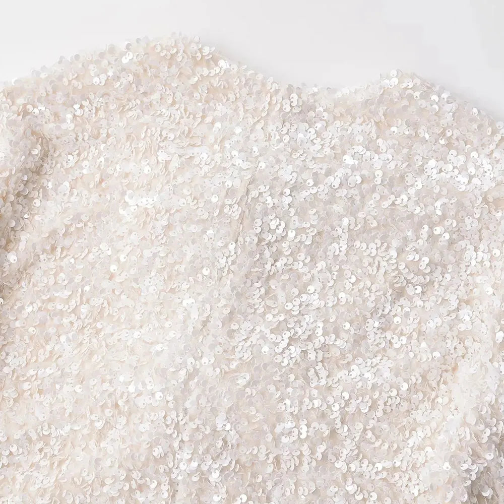 TRAF Women's Sequin Cropped Jacket – Long Sleeve O-Neck Coat with Bow Tie, Chic Outerwear Top