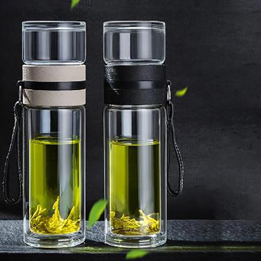 Double Layer Borosilicate Glass Tea Water Bottle with Infuser - Stylish Tea Tumbler for On-the-Go Tea Lovers