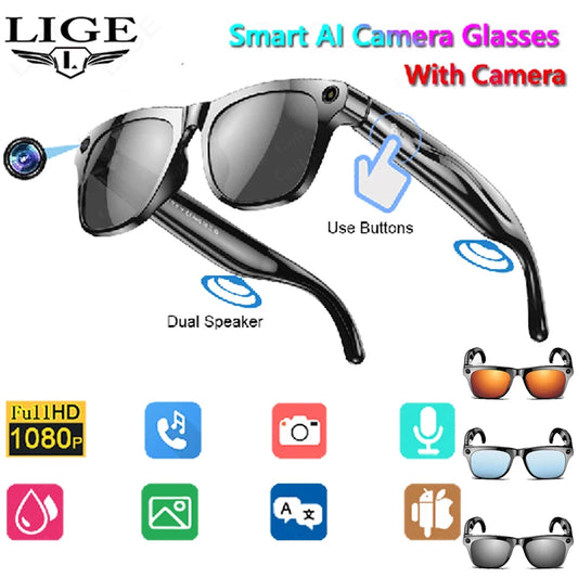 AI Smart Glasses with Camera — Bluetooth Calls, Voice Assistant, Navigation, Waterproof Smart Sports Wearable