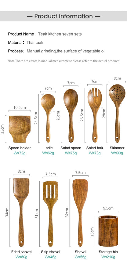 9PCS Teak Wooden Cooking Spoons Set – Kitchen Utensils with Holder