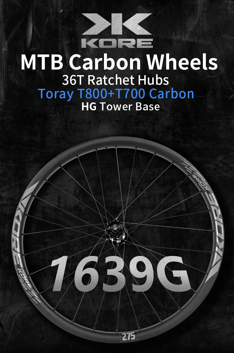 KORE MTB Carbon Wheelset – 27.5/29in Enduro & Downhill with 36T Ratchet HG Hub, BOOST, 28H, 30–36mm Width