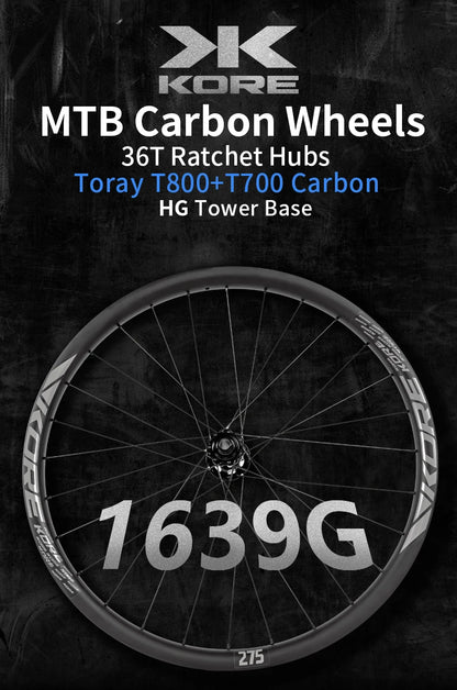 KORE MTB Carbon Wheelset – 27.5/29in Enduro & Downhill with 36T Ratchet HG Hub, BOOST, 28H, 30–36mm Width