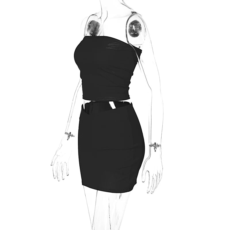 Hugcitar Solid Sleeveless Folds Tube Crop Top & Skirt Set – 2 Piece Summer Fashion Streetwear, Beach Clothing