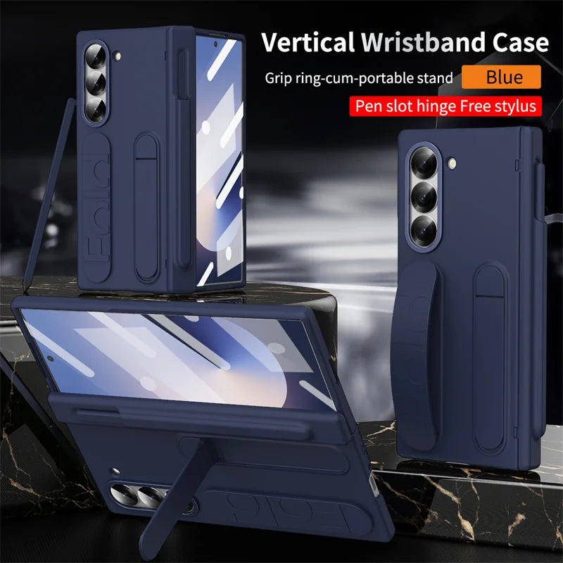 Wristband Hinge Phone Case for Samsung Galaxy Z Fold 3-7 – With Pen Slot & S Pen, Screen Protector Cover