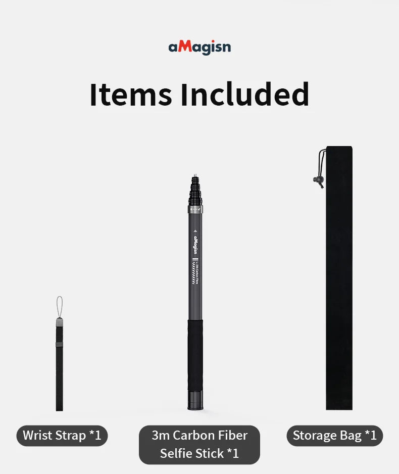 aMagisn 3M Invisible Selfie Stick - 1.2M Carbon Fiber Telescopic Monopod for DJI, GoPro, Insta360 X3/X4 Accessories