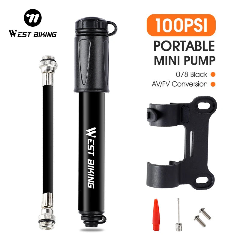 WEST BIKING Mini Bicycle Pump – Portable 100PSI Aluminum Alloy Hand Pump for Schrader & Presta Valves, MTB & Road Bikes