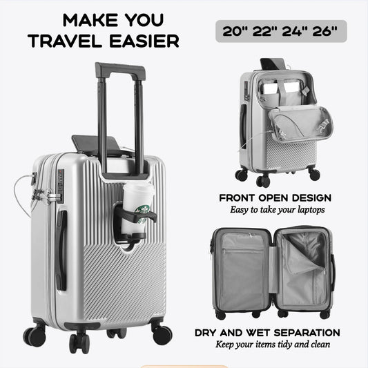 2024 Durable Luggage Set with TSA Lock and USB Charging - Silent Spinner Wheels, Front Open Carry-On for Men, Sizes 20/22/24/26