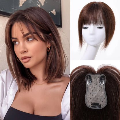 Light Grey Human Hair Topper with Thick Bangs – Clip-In 360° Coverage Hair Extensions for Women