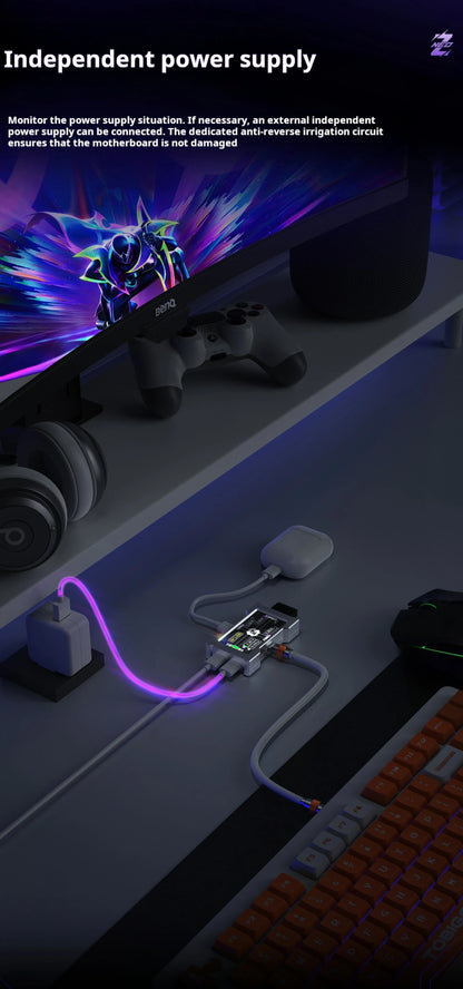 HMLAB ZNEO Gaming USB Hub – 2-to-3 Port with 8K Hz, Independent Power & Screen for Gaming Desk Setup