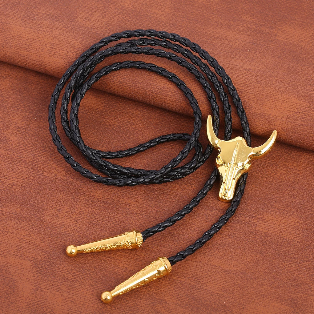 Golden Bolo Tie for Men – Adjustable Cowboy Garment Accessory with Bull Head Pendant, Western Style Necklace
