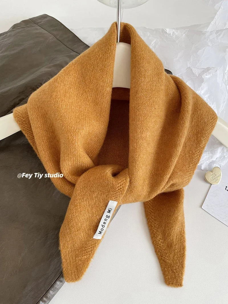 British Korean Style Wool Knitted Triangular Scarf – Multi-Functional Headscarf, Warm Knit Scarf for Women