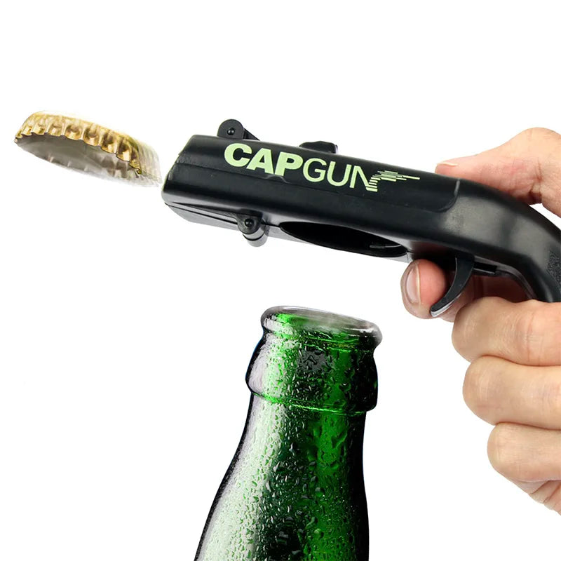 Portable Cap Gun Bottle Opener – Creative Flying Cap Launcher, Gun-Shaped Drink Opener for Beer, Red & Gray
