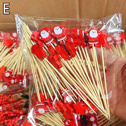 50PCS Christmas Bamboo Cocktail Picks – Santa, Snowflake & Tree Toothpicks for Drinks, Fruits, Desserts & Holiday Party Decorations 2024