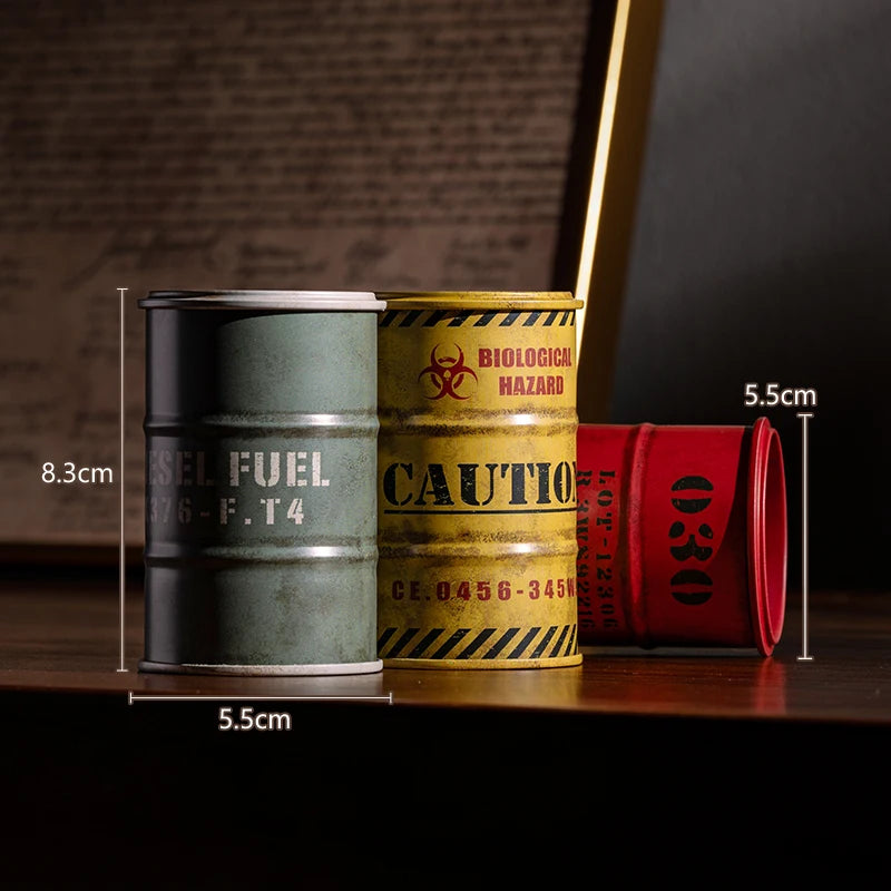Iron Mini Oil Drum Model – Chemistry Car Desktop Decoration & Storage Box War Games Scene Toy for Boys