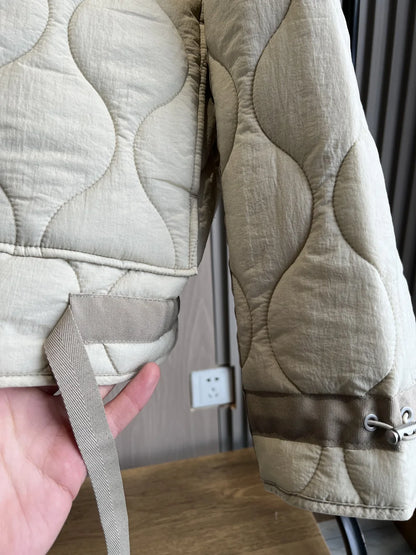 2024 ETJ Quilted Women's Coat – Beige Drawstring High Neck Jacket with Ties & Pockets